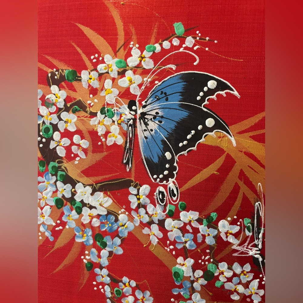 Vintage Hand-Painted Asian Silk Butterfly Artwork in Bamboo Laced Frame | 18x13 - Picture 6 of 16